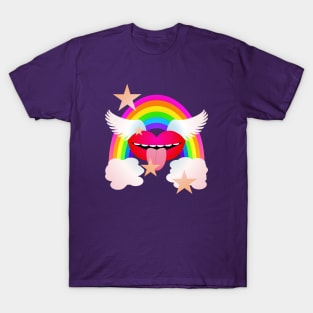 Groovy Winged Lips, Rainbow & Stars - RED T-Shirt